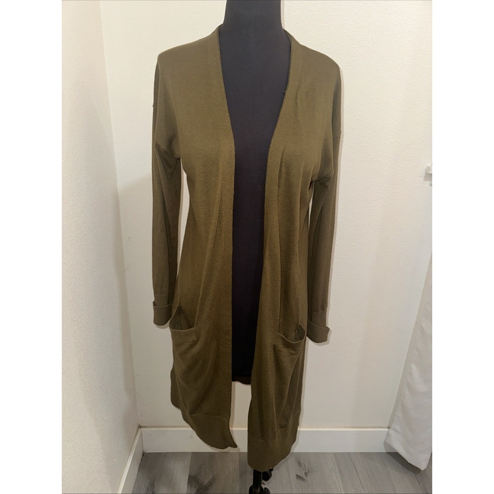 Halogen Cashmere‎ Blend Open Front Cardigan Olive Long Sleeve Front Pockets Sz S